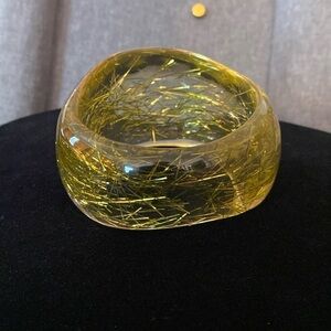 Vintage Translucent Green Lucite Confetti Silver Foil Wide Asymmetric Bangle